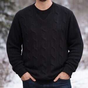 Vtg Limited Black Lambswool Angora Cable Knit Sweater Men’s Large Tall V Neck